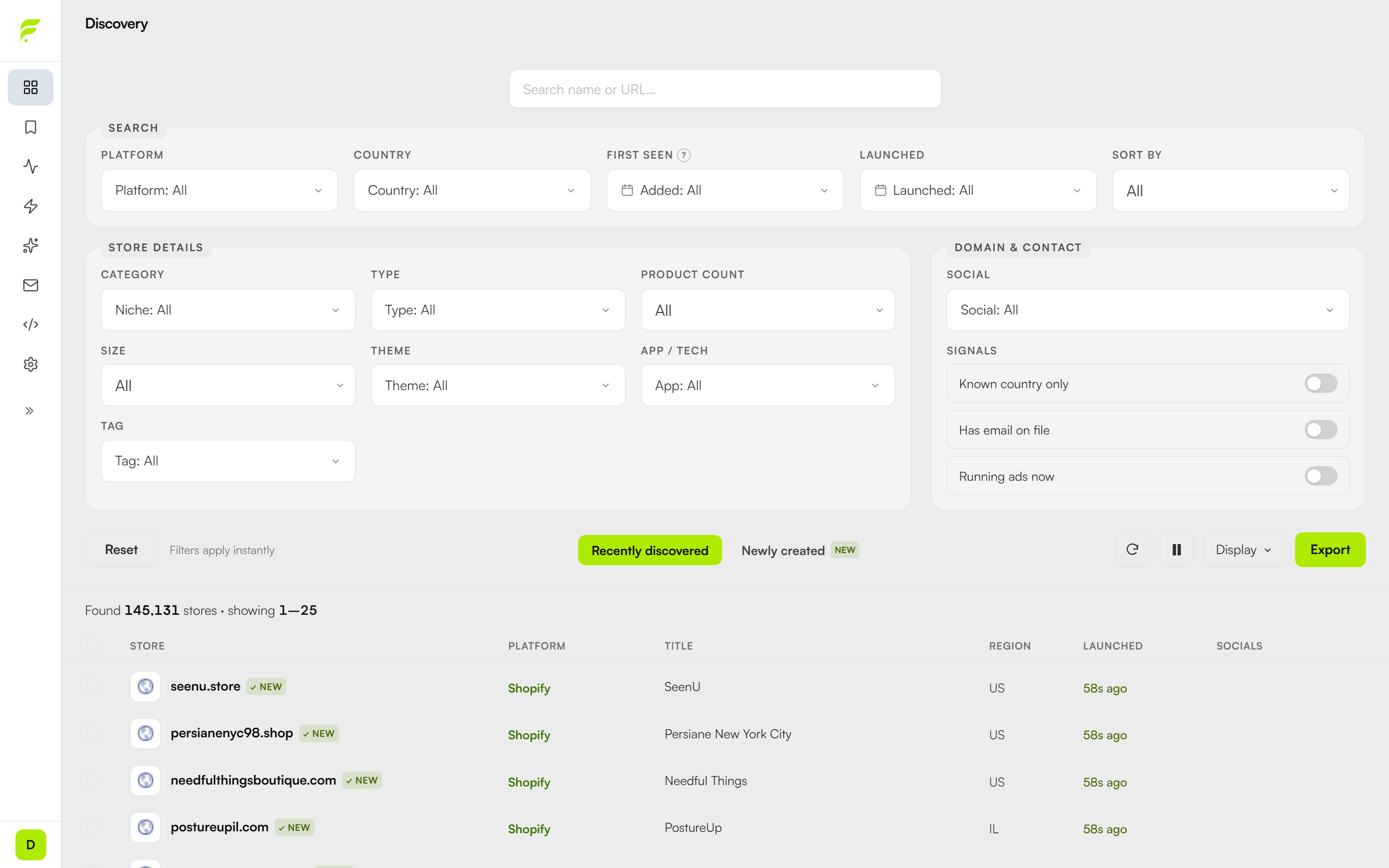 The FisherLeads discovery dashboard