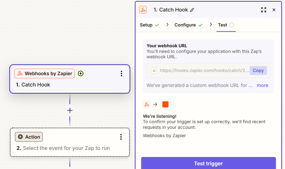 Zapier generates a unique Catch Hook URL to copy.