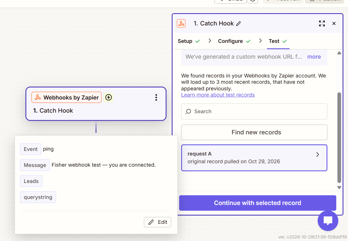 Zapier catches the live event from FisherLeads.