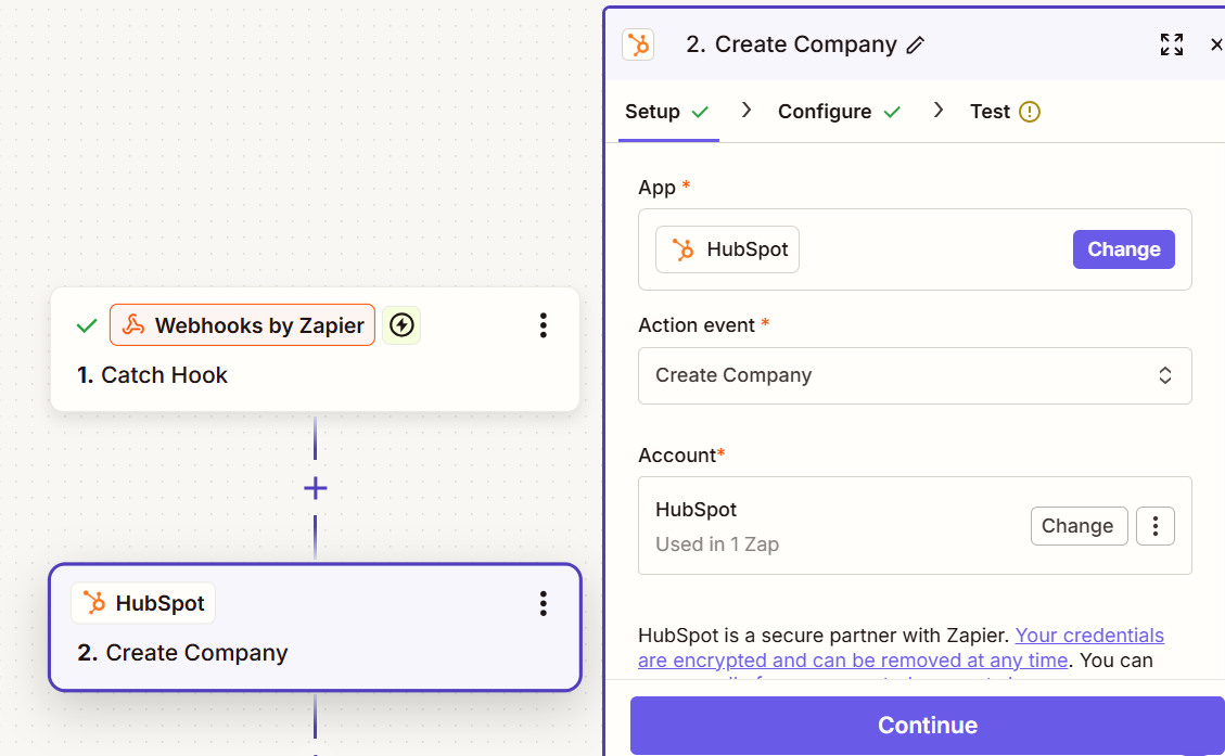 Create Company, connected to your HubSpot account.